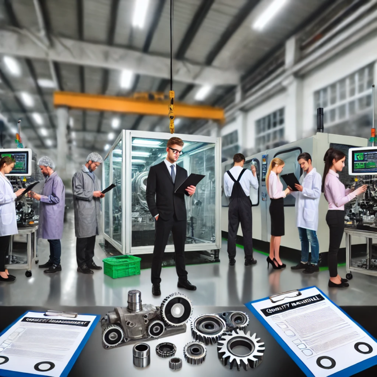 Best Practices for Implementing Quality Management in Manufacturing 1 DALL%C2%B7E 2024 09 26 18.38.04 An industrial manufacturing setting showcasing quality management practices. The scene includes a diverse team of professionals inspecting machinery a