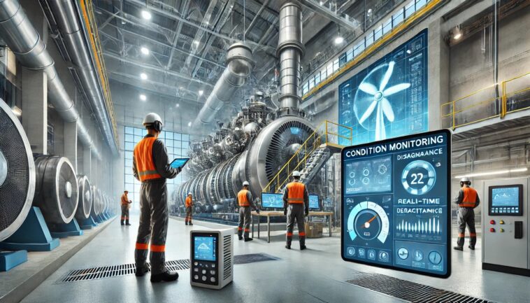 What is Condition Monitoring, and Why is It Essential for Your Busines 1 DALL%C2%B7E 2024 11 19 18.46.52 A realistic industrial setting showcasing condition monitoring technology. The scene includes engineers in safety gear using modern monitoring equipme