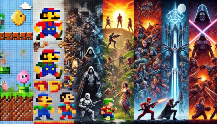 How VR Technology Is Enhancing Traditional Gaming 1 DALLE2024 11 2715.36.58 AvisuallystrikingillustrationshowcasingtheevolutionofgraphicsinPCandconsolegames.Theimageisdividedintothreesections theleftsect ezgif.com webp to jpg converter 1