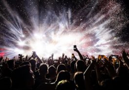 excited audience watching confetti fireworks having fun music festival night copy space 1