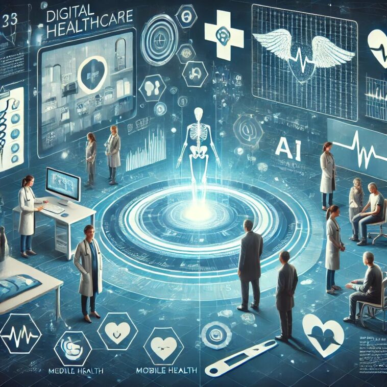 The Rise of Digital Healthcare: Why Clinics Must Go Online in 2025 1 DALL%C2%B7E 2025 03 22 14.50.28 A futuristic illustration of a digital healthcare ecosystem in 2025. The image features a modern clinic with doctors and patients interacting through