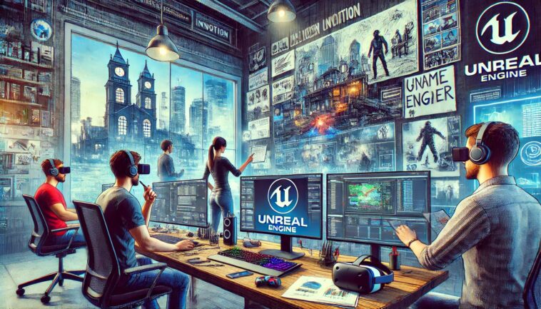 How to Outsource Unreal Engine Development to UK Studios 1 DALLE2025 04 2412.27.15 Ahigh qualitydigitalillustrationshowingateamofgamedevelopersinamodernofficeintheUKworkingonacomputerwithUnrealEngineopenont ezgif.com webp to jpg converter