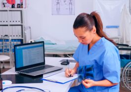 nurse checking x ray result reading patients list taking notes clipboard holding radiography medical physician medicine uniform writing list consulted diagnosed patients making research 1